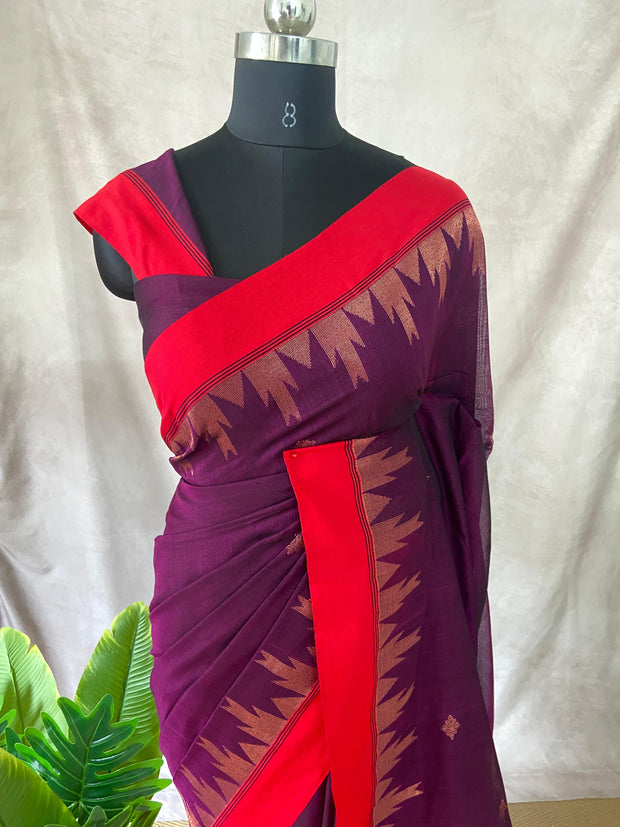 Win red handloon cotton saree with temple border, with BP