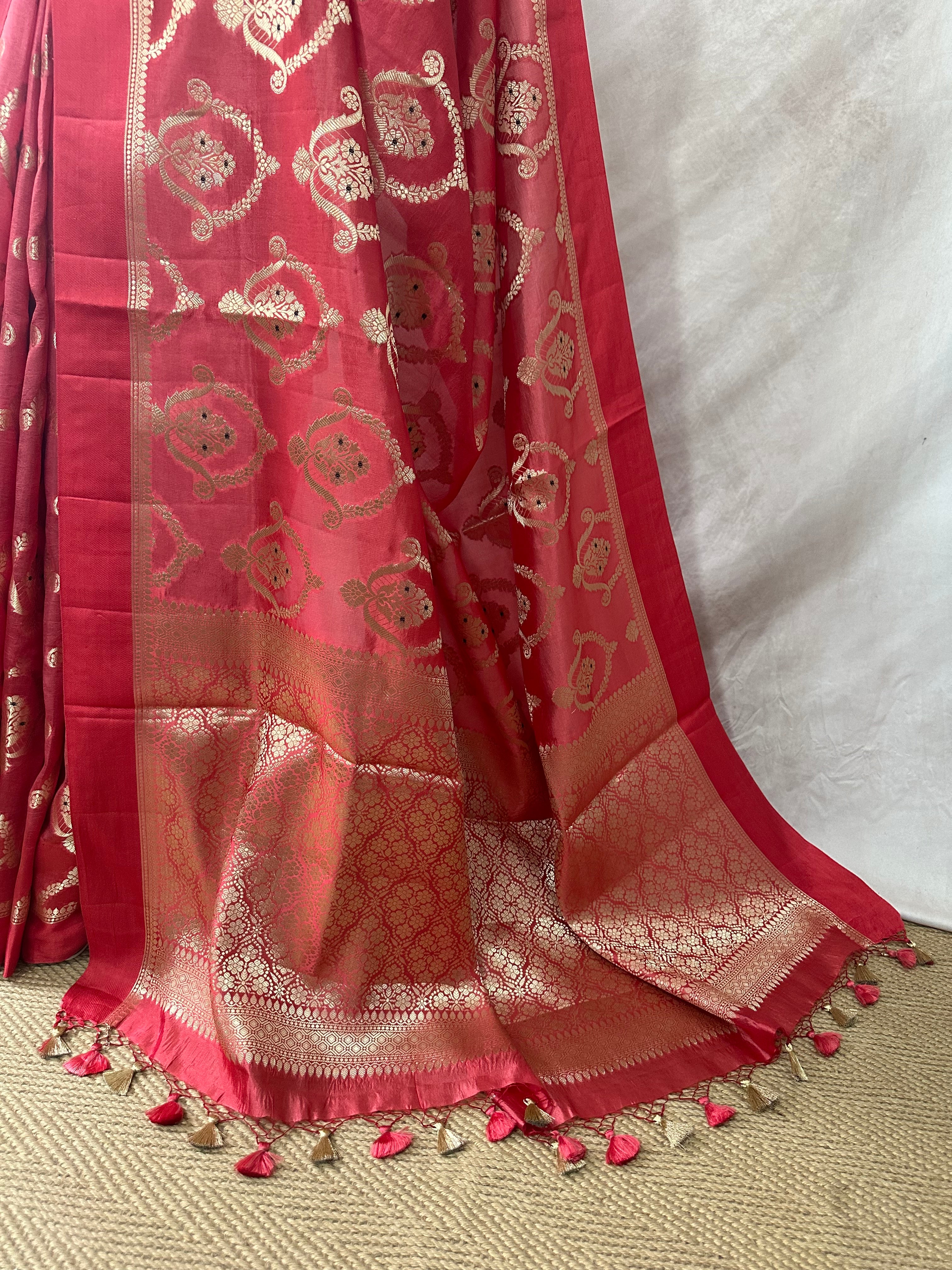 Raw mango meena jal saree with stitched blouse