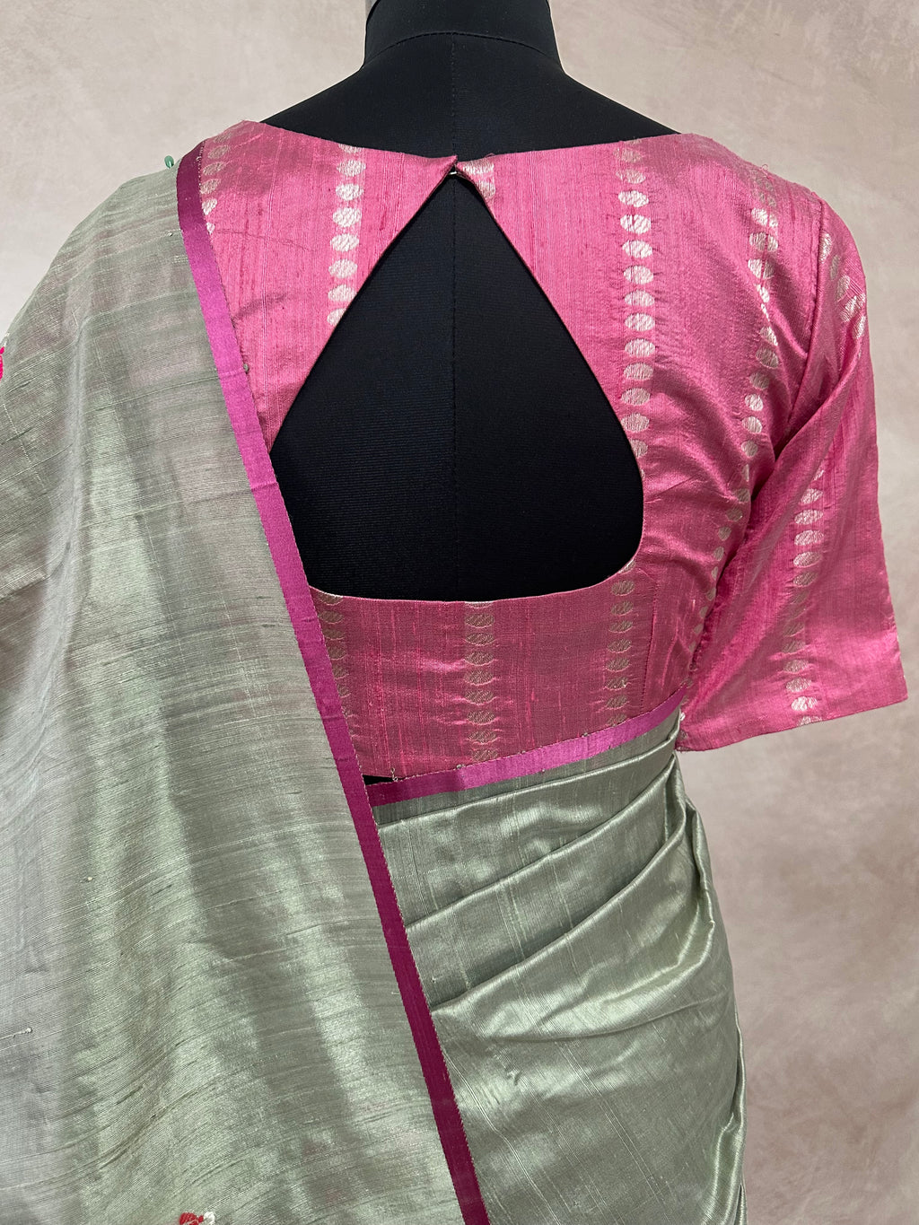Light green designer raw silk saree with stitched blouse