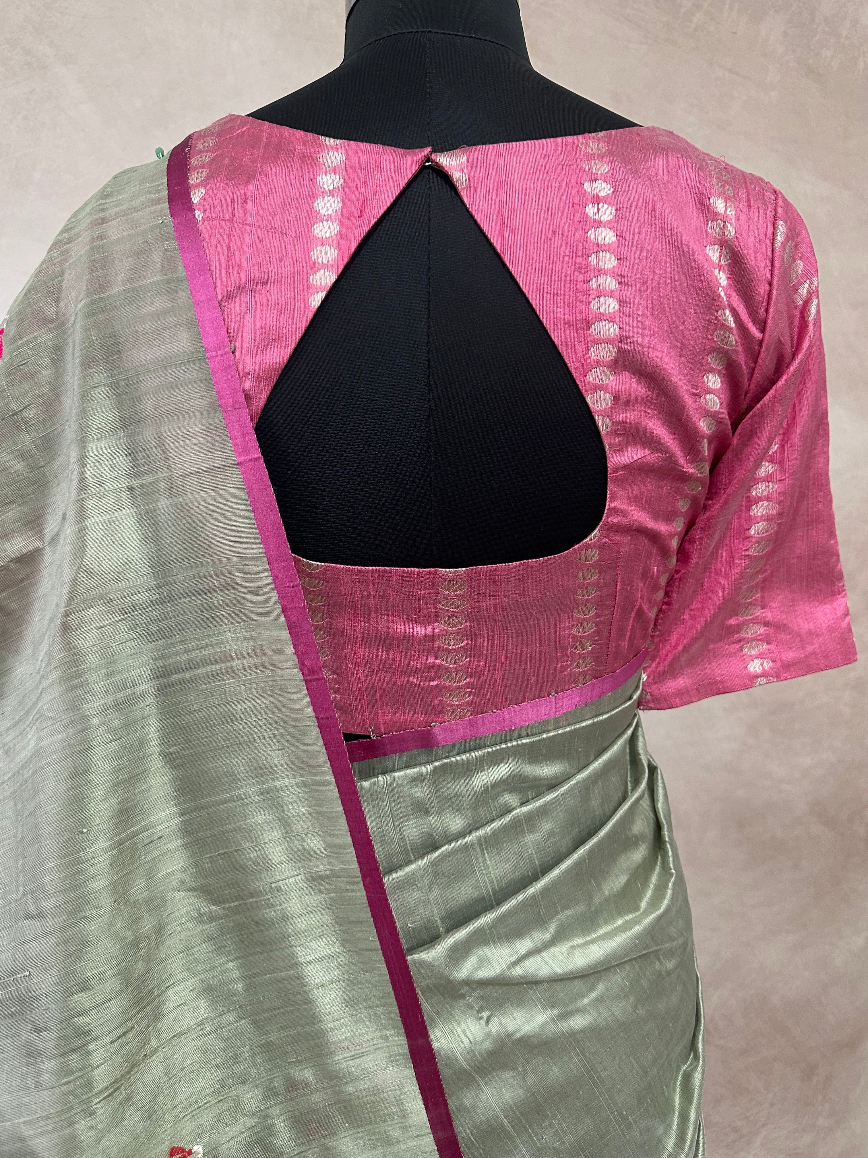 Light green designer raw silk saree with stitched blouse
