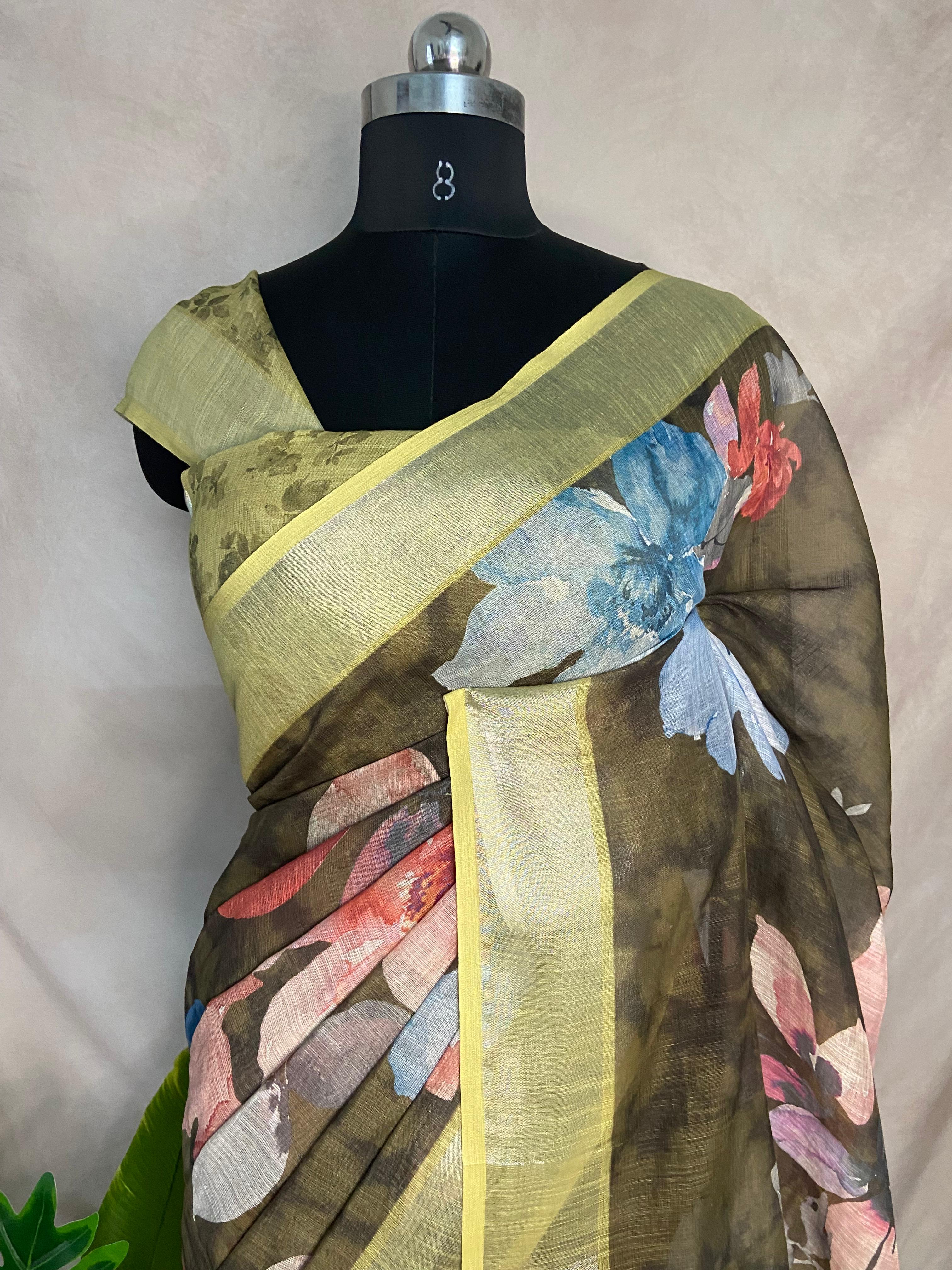 Fancy linen digital printed saree with BP