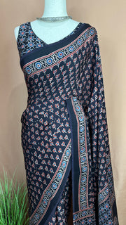 Ajrakh handblock printed modal silk saree with stitched blouse