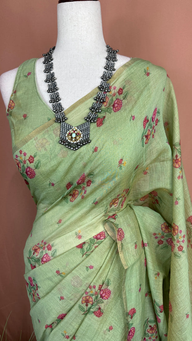 Tissue chanderi printed cotton saree with stitched blouse