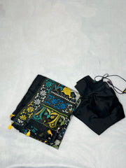 Black pure bangalore silk saree with kantha work , stitched blouse