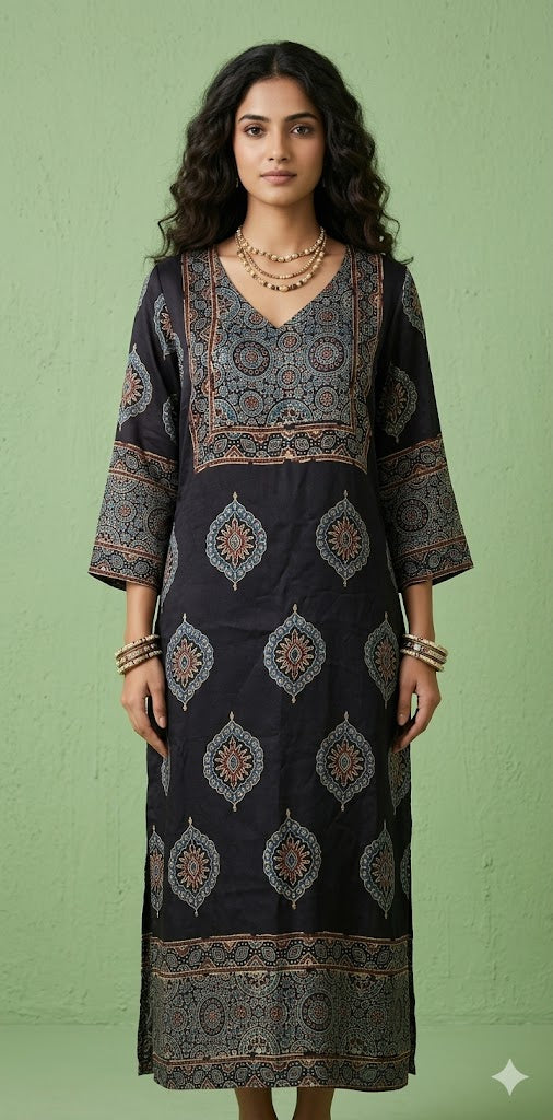 Black mashru silk kurti with ajrakh hand block print