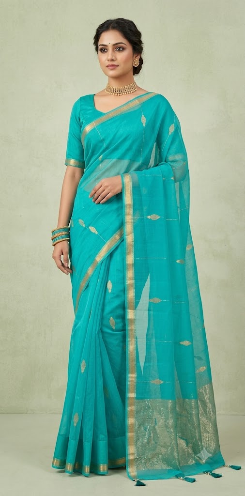 Copper sulfate blue chaneri saree with stitched blouse