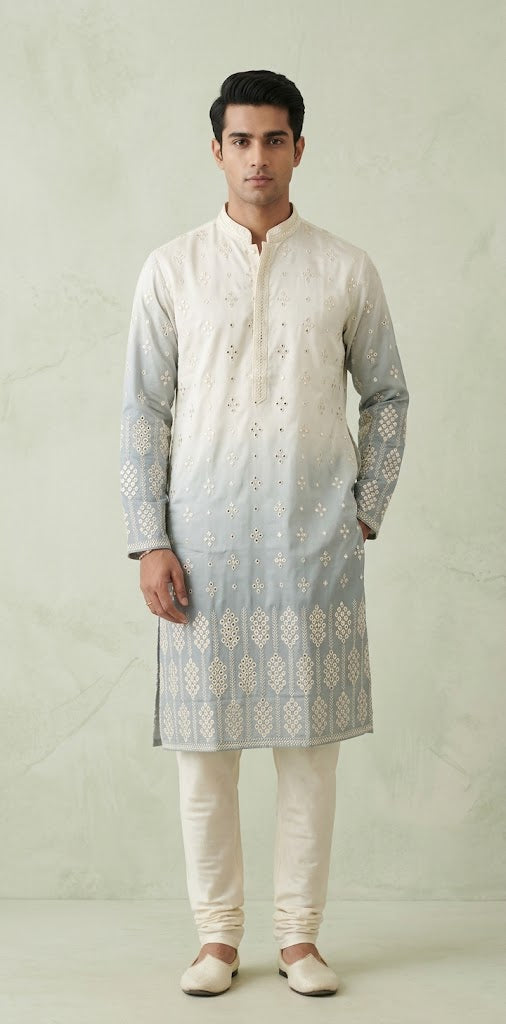 Ombre grey and off white cotton silk kurta with mirror work