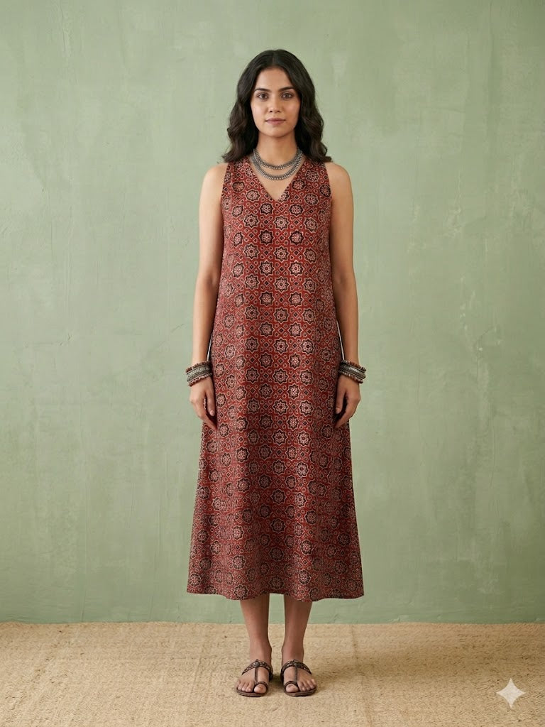 Red ajrakh hand block printed modal silk sleeveless dress