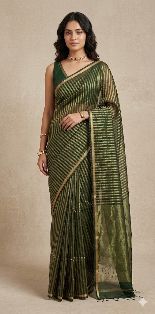 Maheshwari tissue silk saree with stripe and stitched blouse