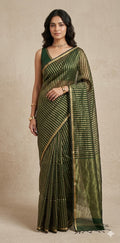 Maheshwari tissue silk saree with stripe and stitched blouse