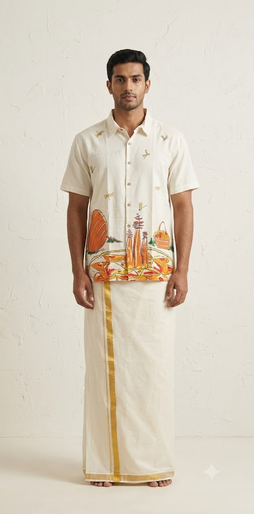 Onam printed Cotton off white shirt - Size M