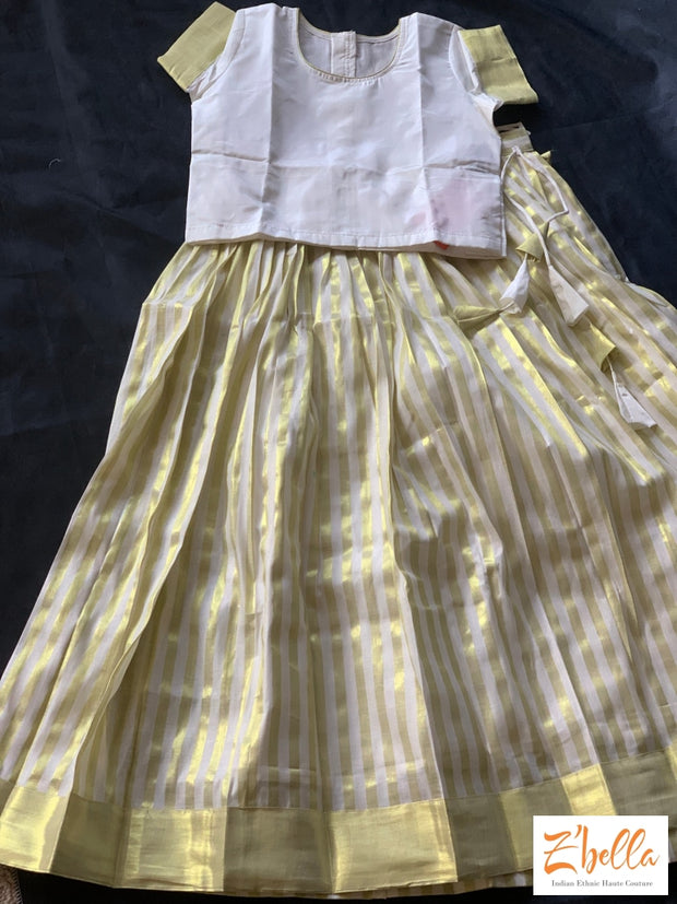 8-9 Yr Kerala Gold Kasavu Tissue Line Skirt With Off White Silk Crop Top Girl Kids Set