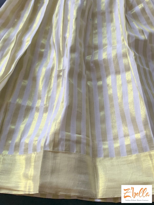 8-9 Yr Kerala Gold Kasavu Tissue Line Skirt With Off White Silk Crop Top Girl Kids Set