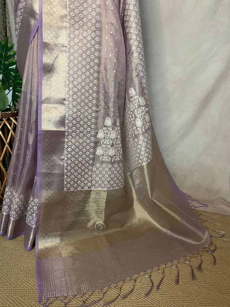 Lilac Tissue Kotta silk saree with mirror and chikankari work, with stitched blouse