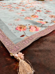 Desinger printed Pastel blue semi crepe silk saree with BP
