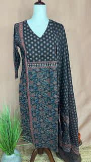 Black ajrakh cotton kurti set with hand embroidery