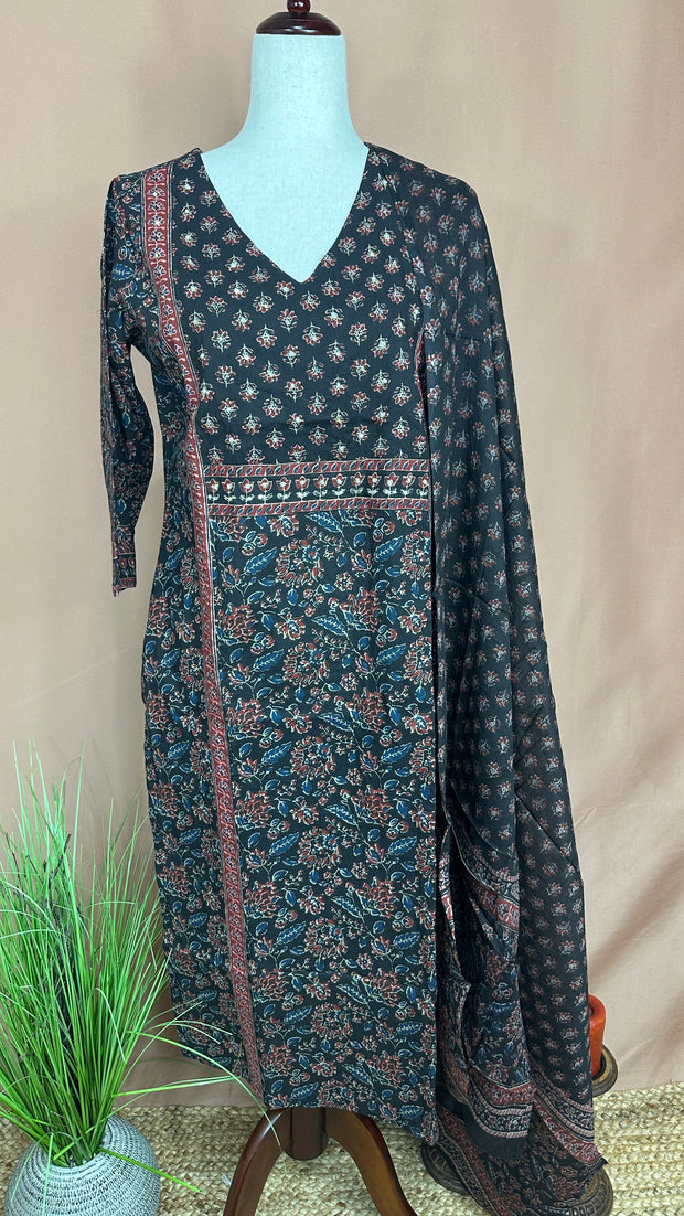 Black ajrakh cotton kurti set with hand embroidery