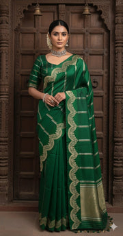 Green Soft Katan Silk Saree with a Gold and Silver Border and Stitched Blouse