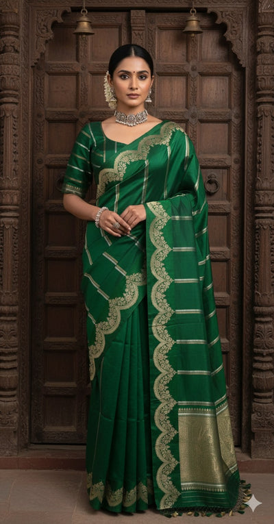Green Soft Katan Silk Saree with a Gold and Silver Border and Stitched Blouse