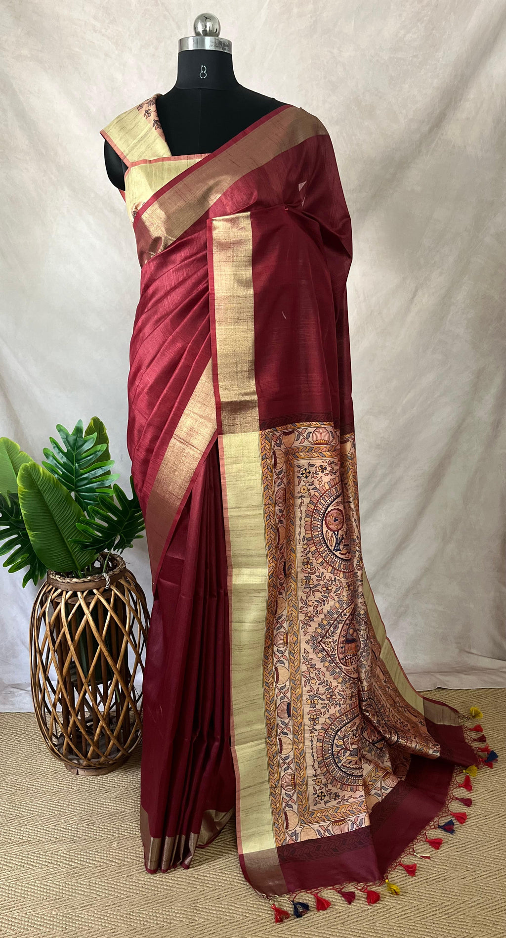 Semi Tussar silk saree with madubani print on pallu, with BP