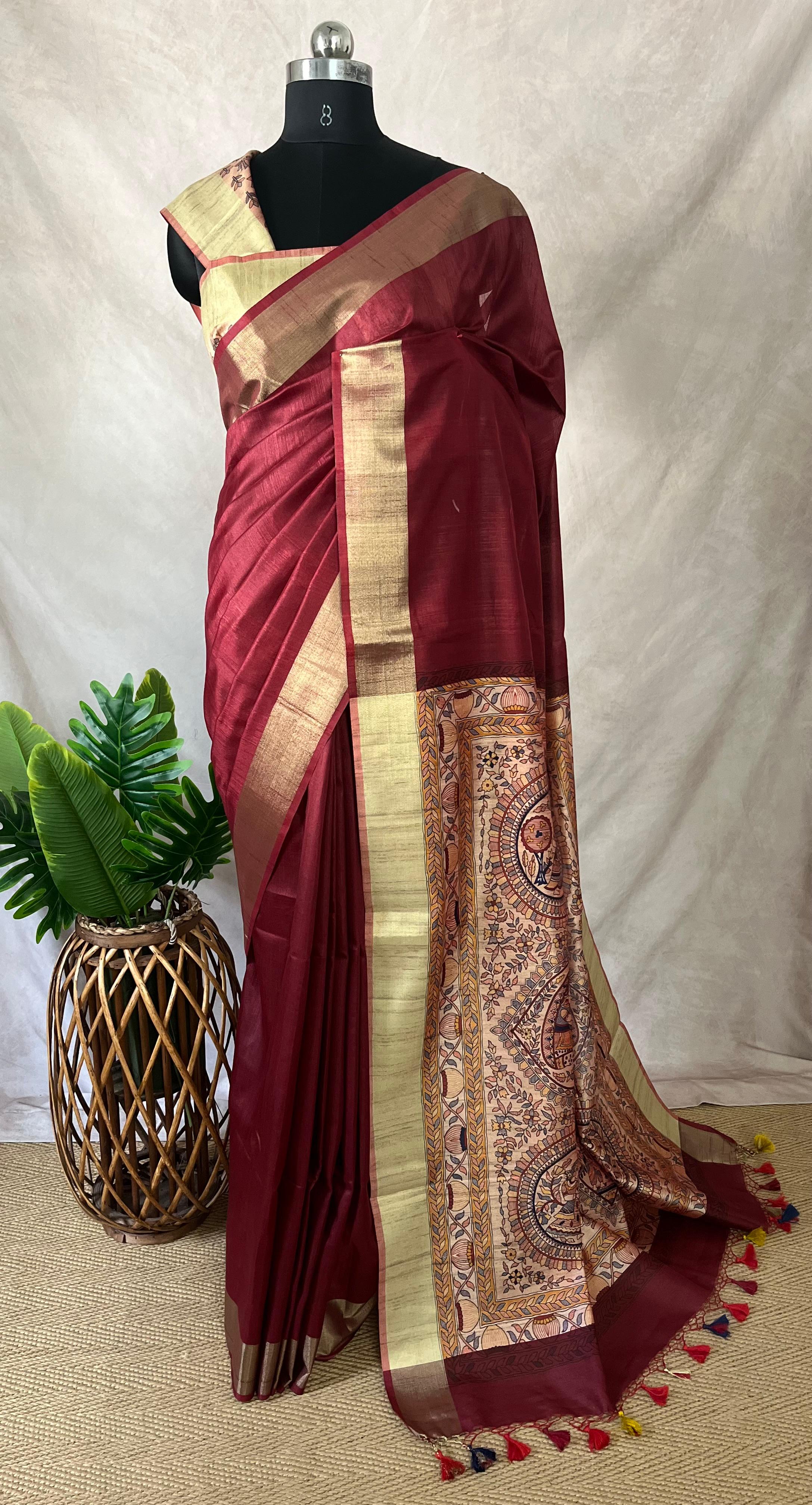 Semi Tussar silk saree with madubani print on pallu, with BP