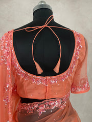 Soft Organza peach color saree with sequins work and stitched blouse
