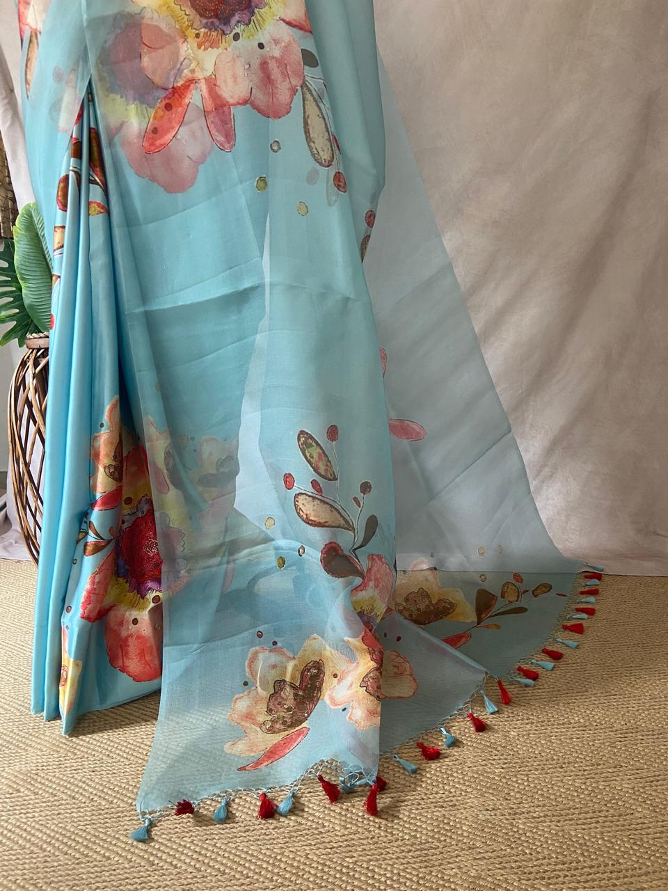 Silk organza digital printed saree with Organza and Satin half and half saree , BP