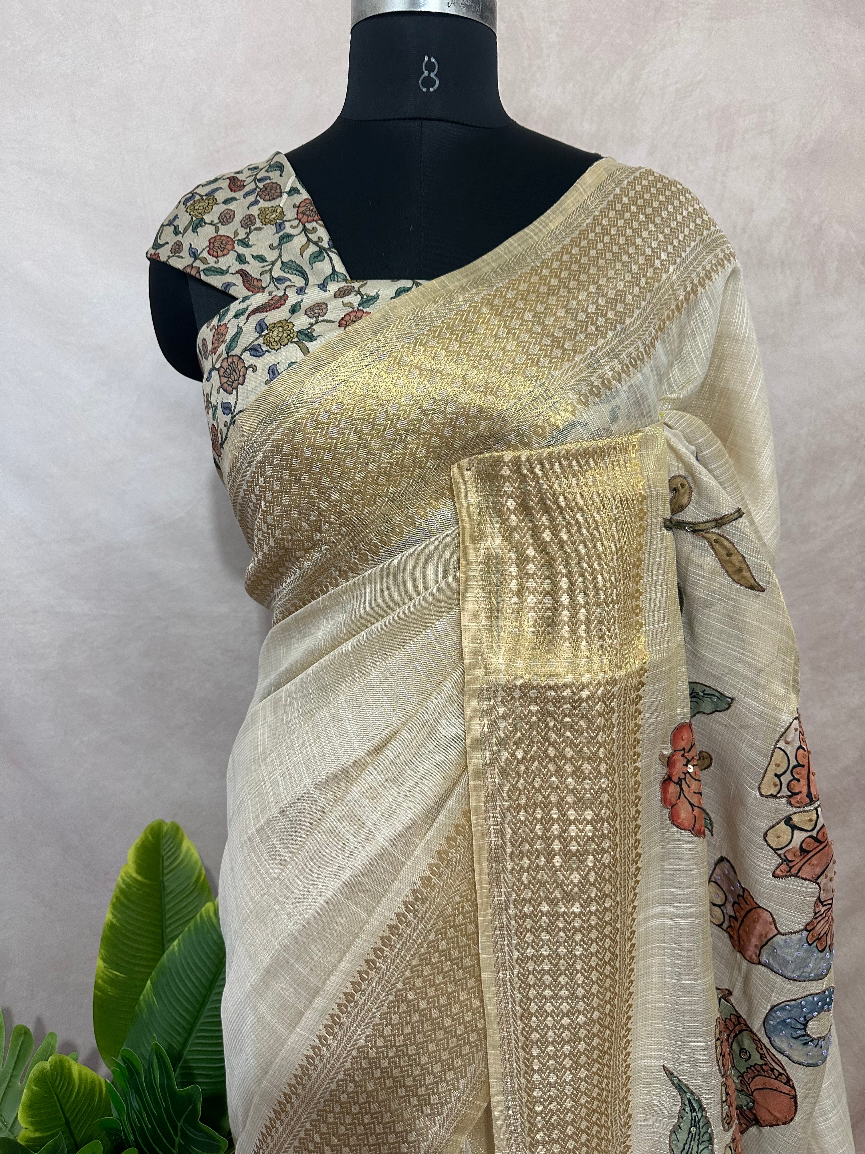 Tissue linen saree with kalamkari patch work , with BP