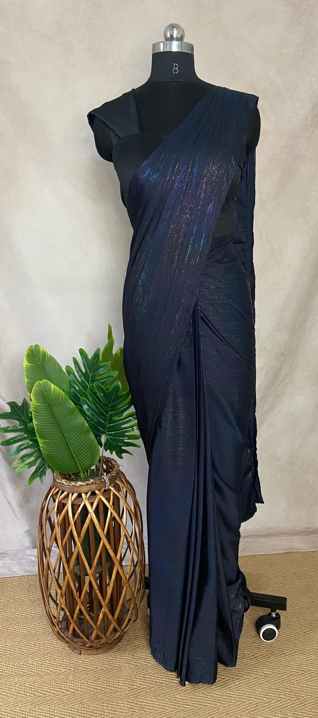 Ready made pre pleated Black crushed tissue crepe saree