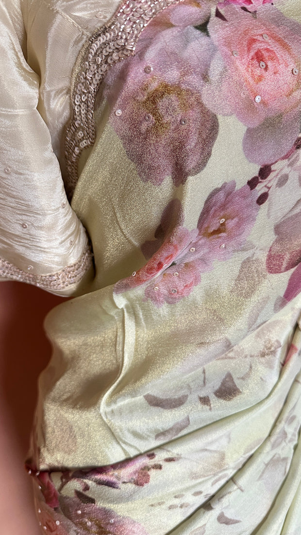 Tissue crepe silk saree with sequins border, stitched blouse