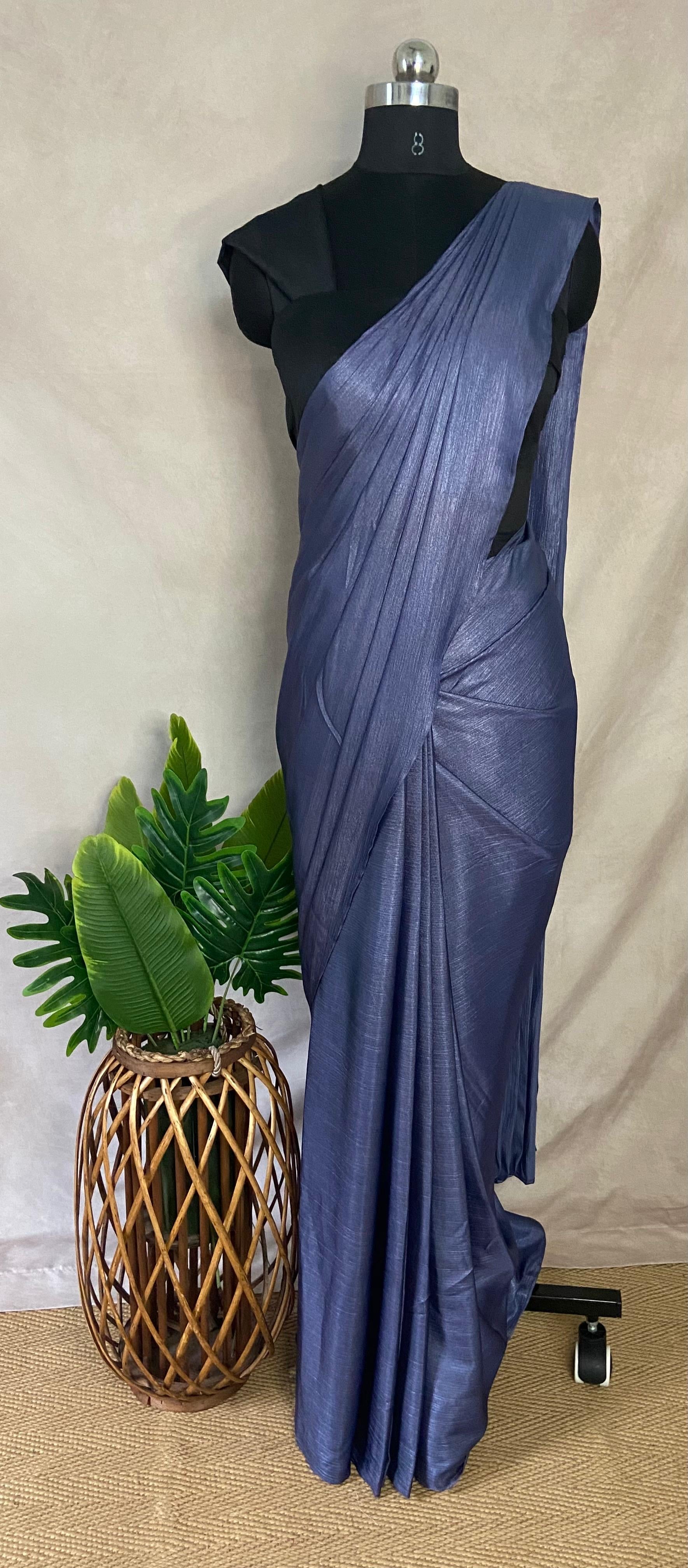 Ready made pre pleated English blue crushed tissue crepe saree