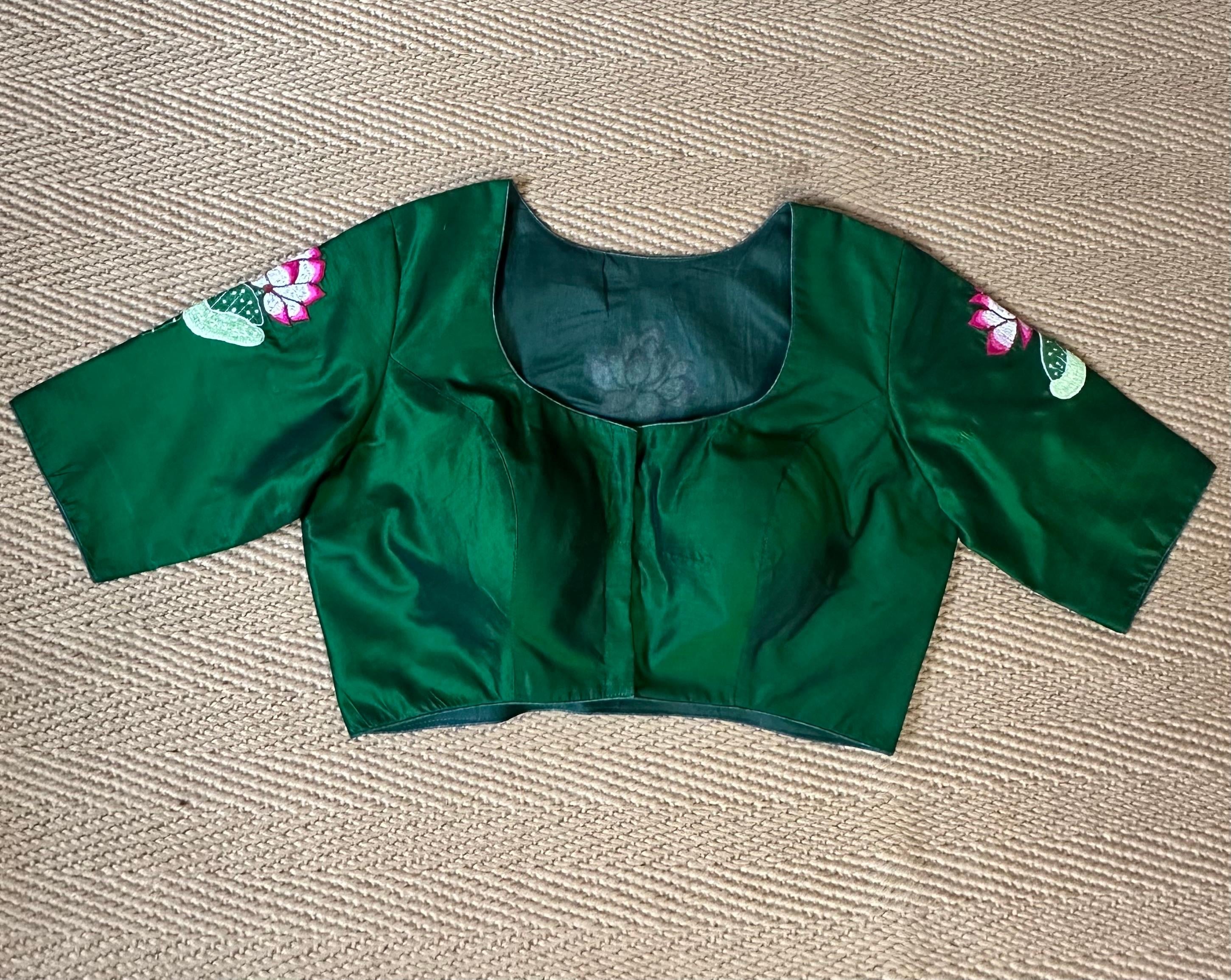 Bottle green silk blouse with lottus embroidery
