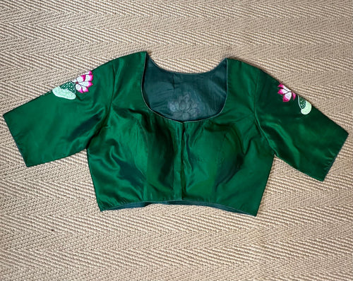 Bottle green silk blouse with lottus embroidery