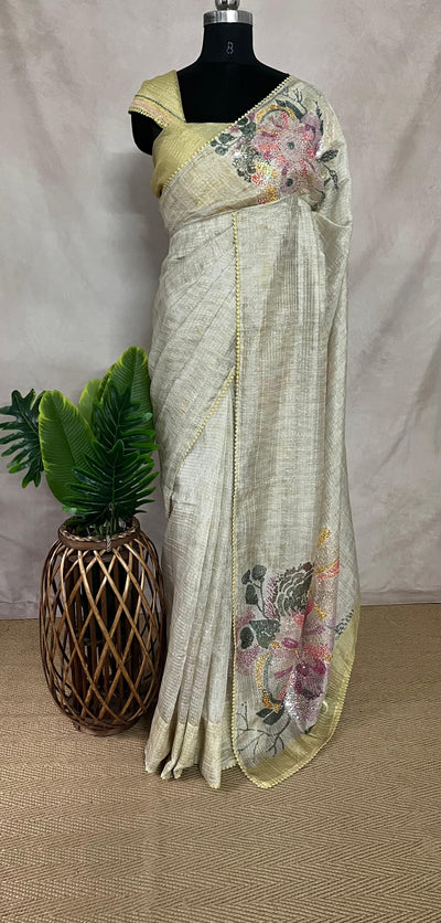 Light yellow Sequins designer saree, with BP