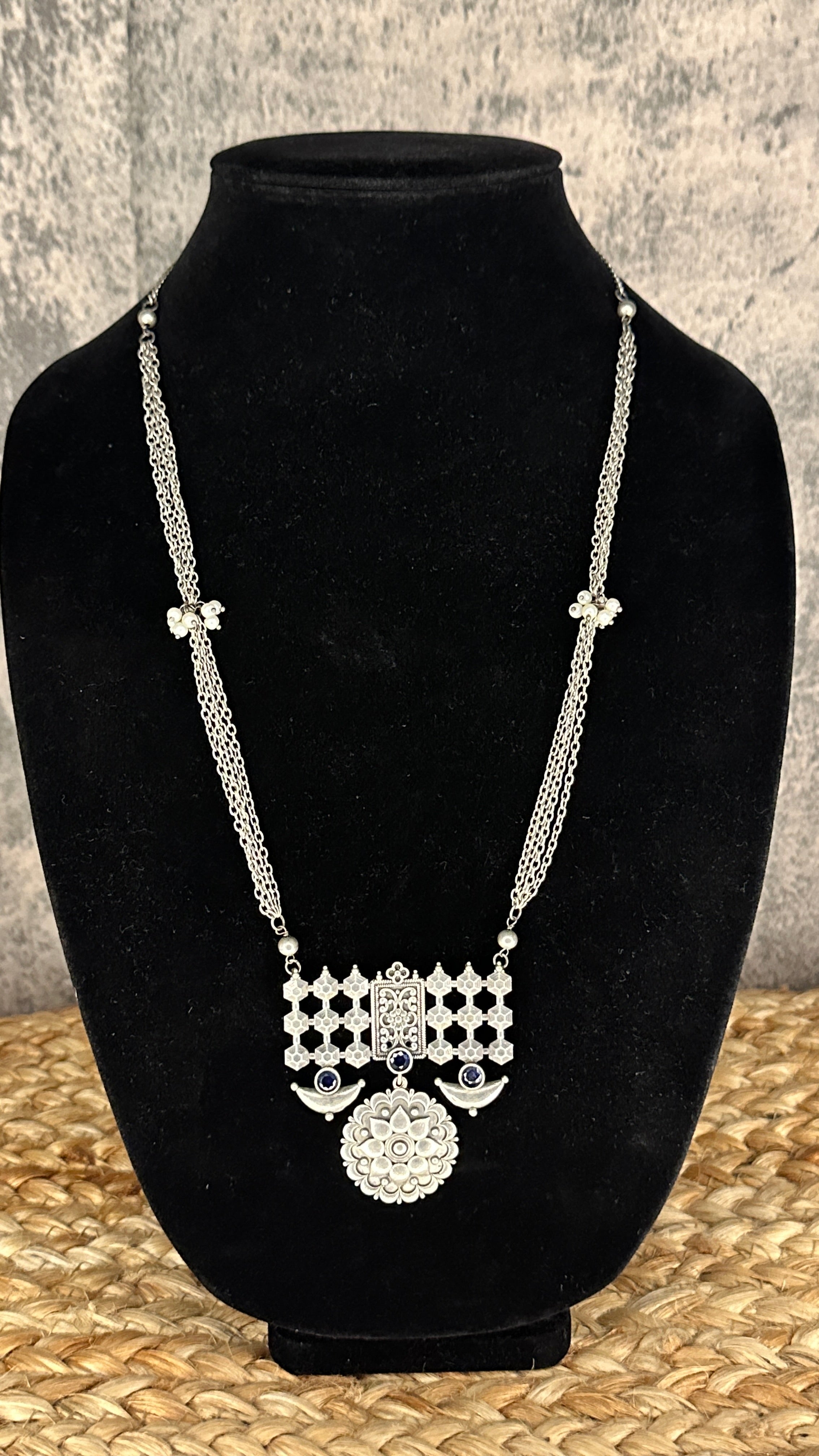 Silver replica necklace and earring - with blue stone