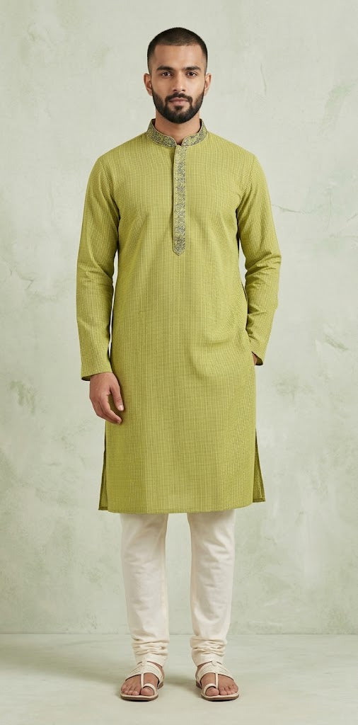 Light green cotton small check kurta with hand emroidery on the neck