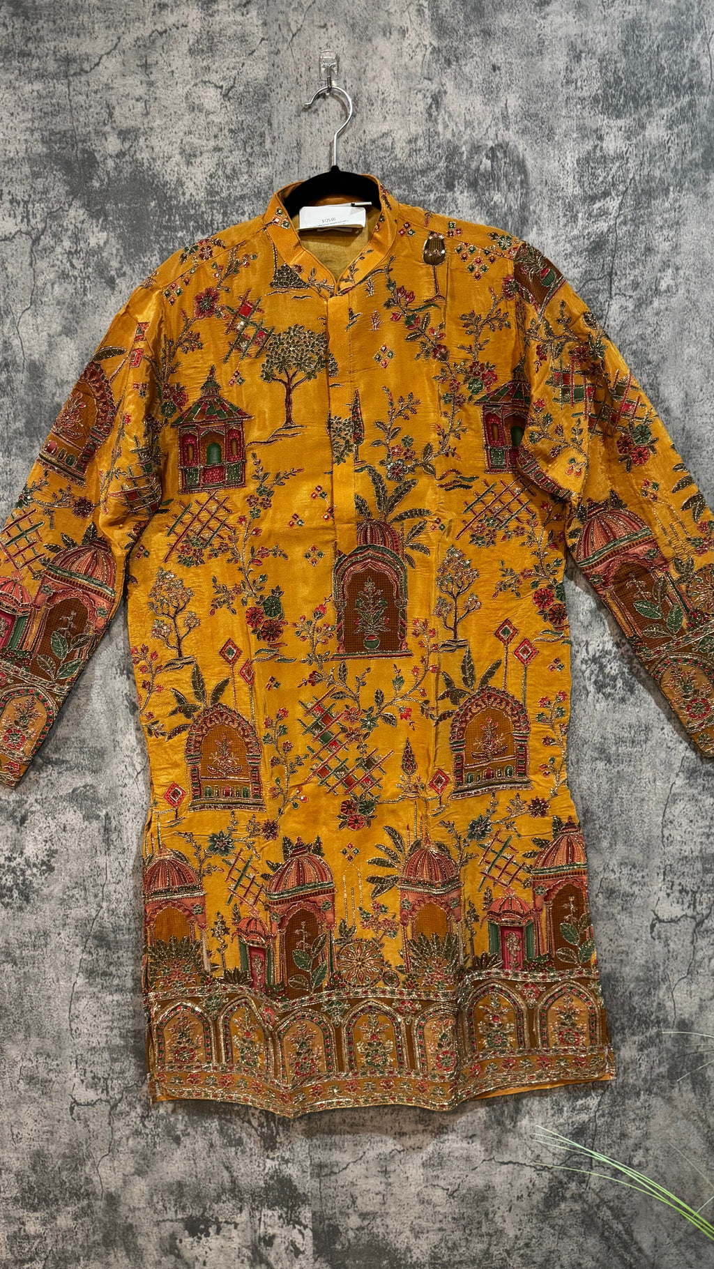 Mustard yellow printed designer kurta with embroidery