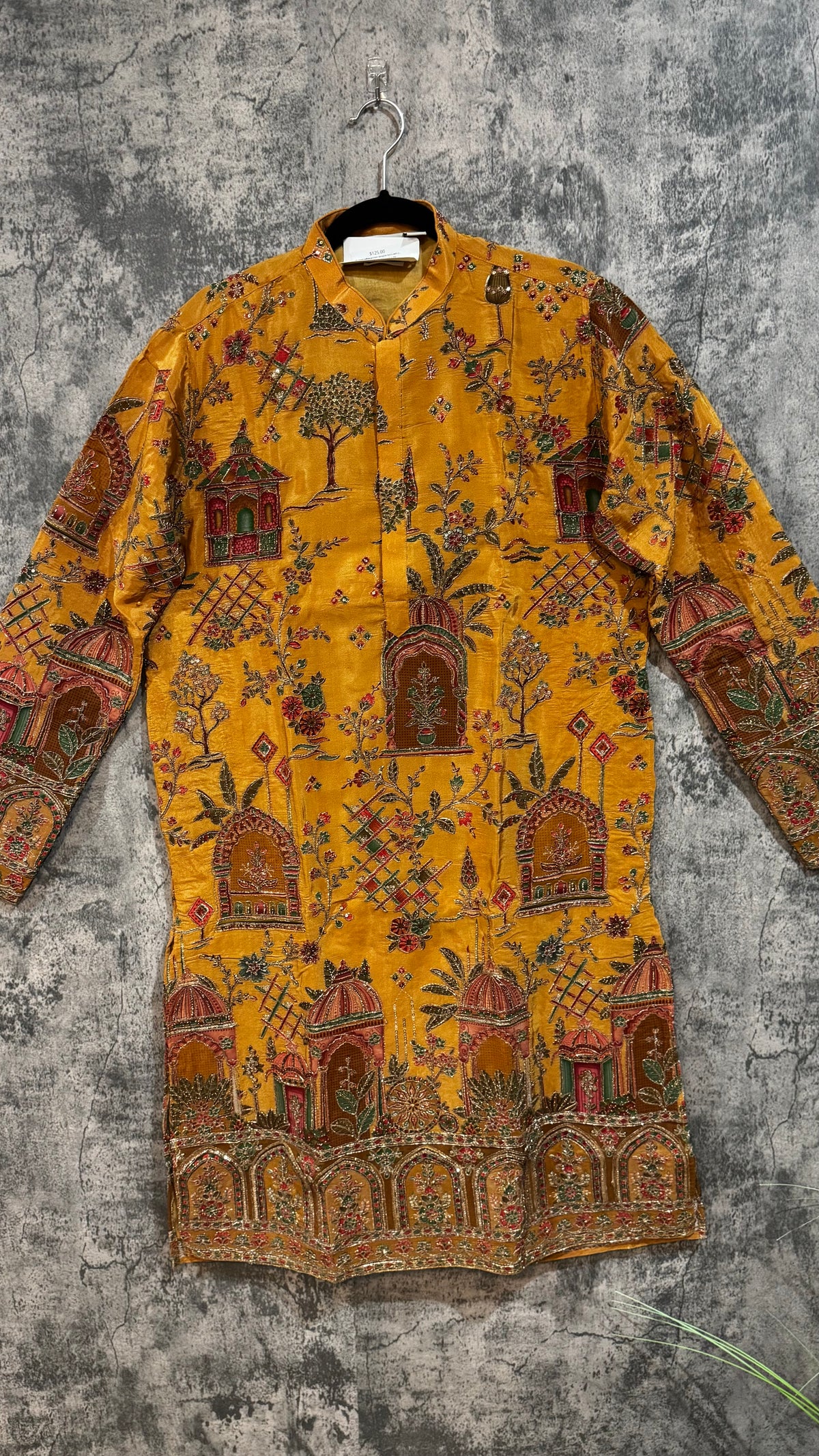 Mustard yellow printed designer kurta with embroidery