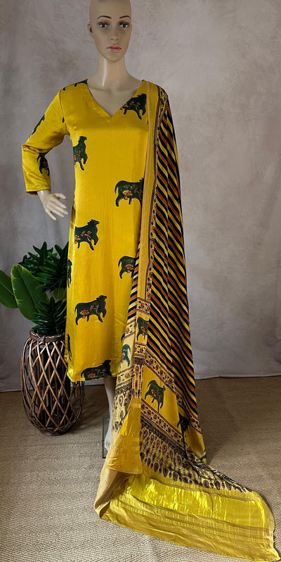 Modal silk kurti with Ajrakh hand block print
