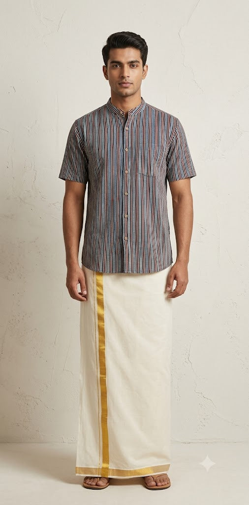 Ajrakh handblock printed Mandarin colar shirts in pure modal silk