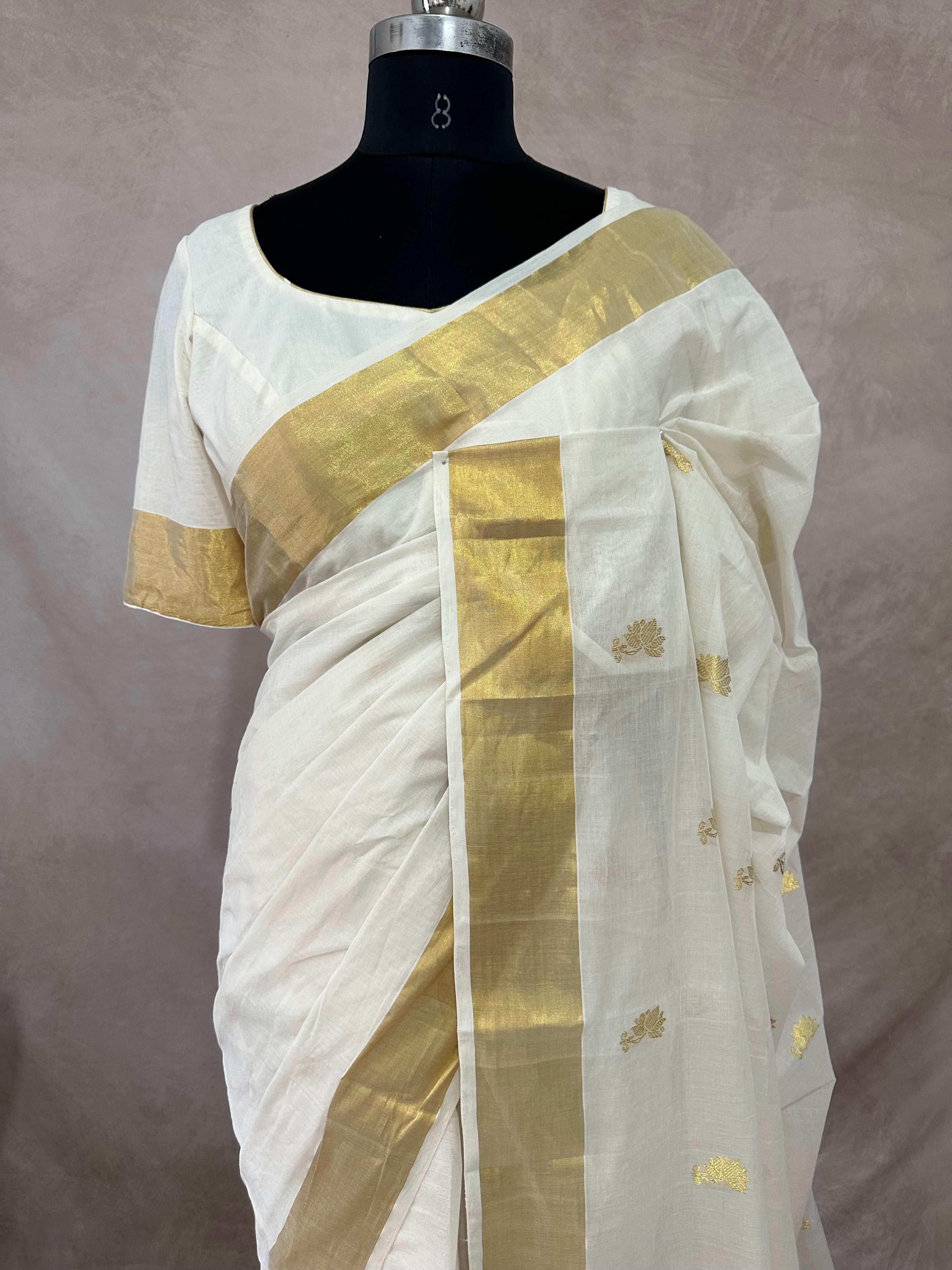 Handloom kerala kasavu saree with stitched blouse
