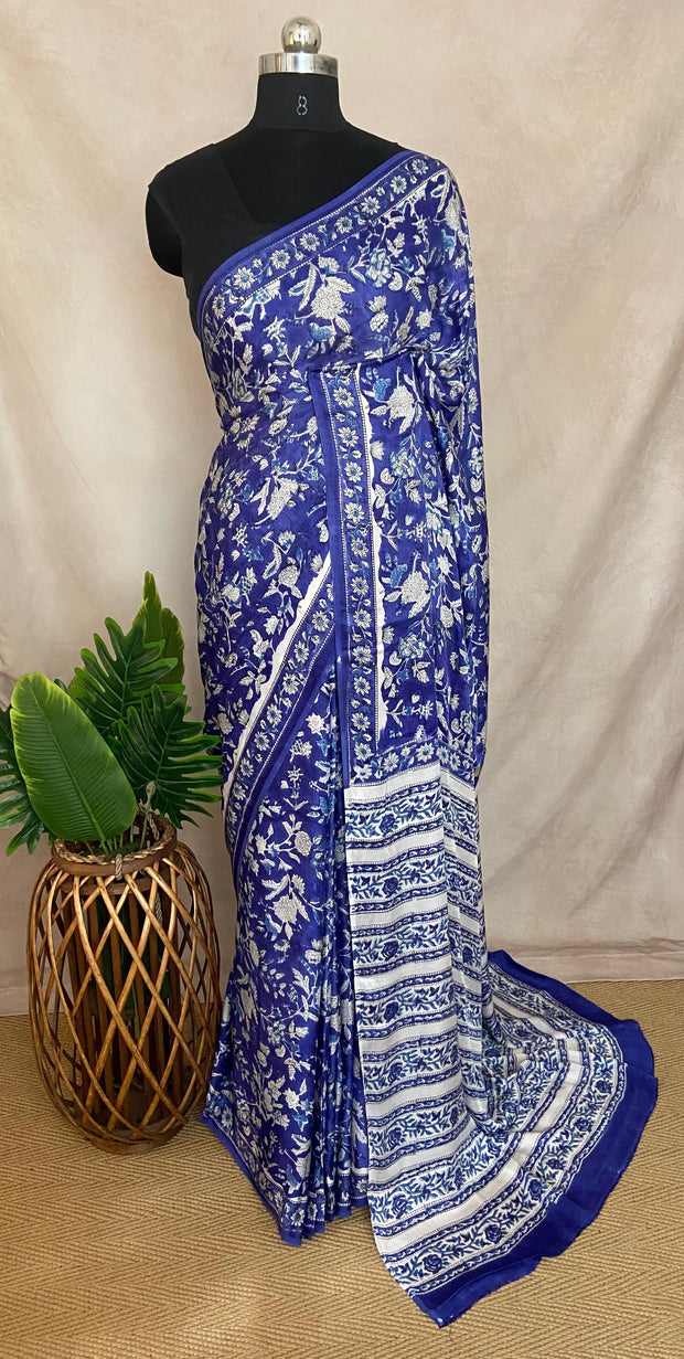 Blue vanaspathi handbloack print modal silk saree, with BP