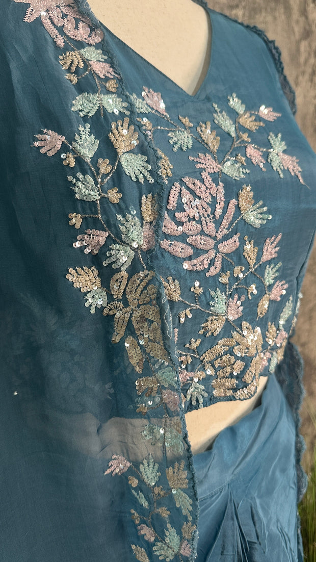 Pastel blue Crepe drape skirt , short top and shrug (fits to M/L/XL)