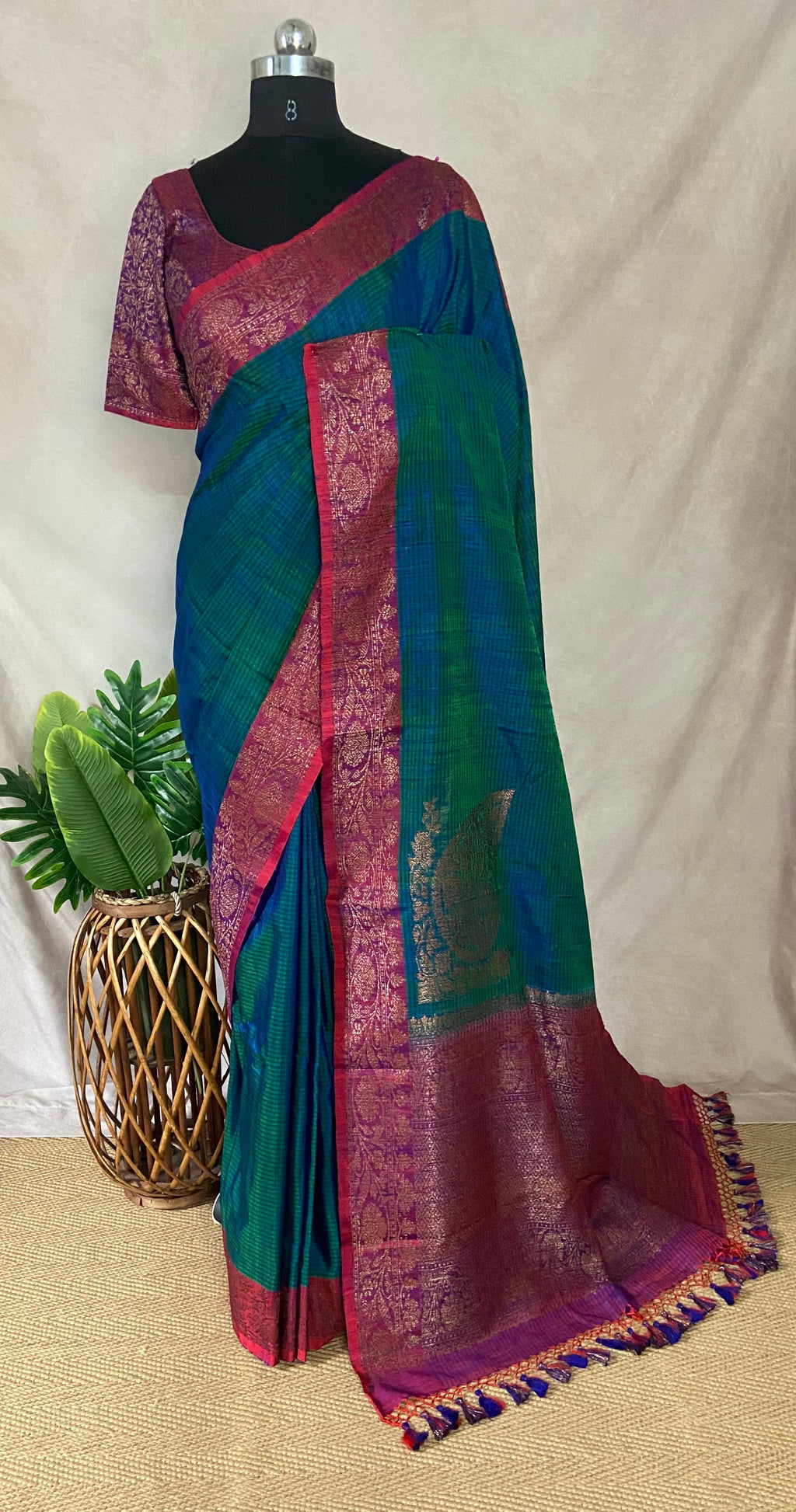 Green and blue double shared pure dupion silk saree with stitched blouse