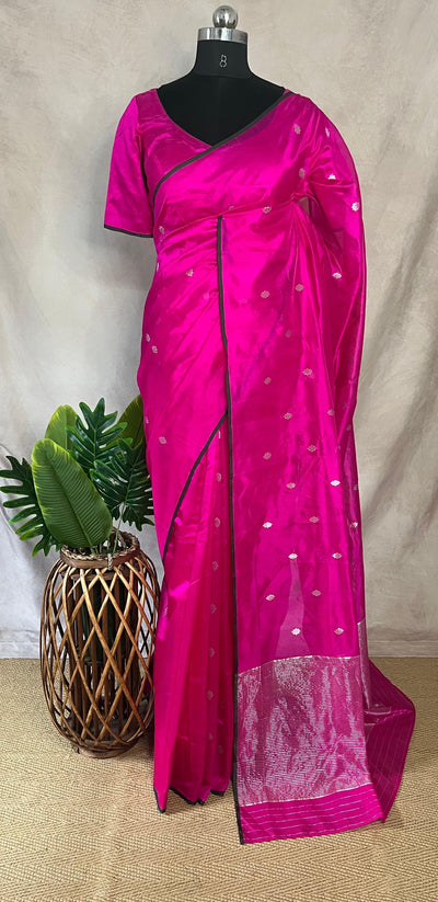Hot pink chanderi silk saree with stitched blouse