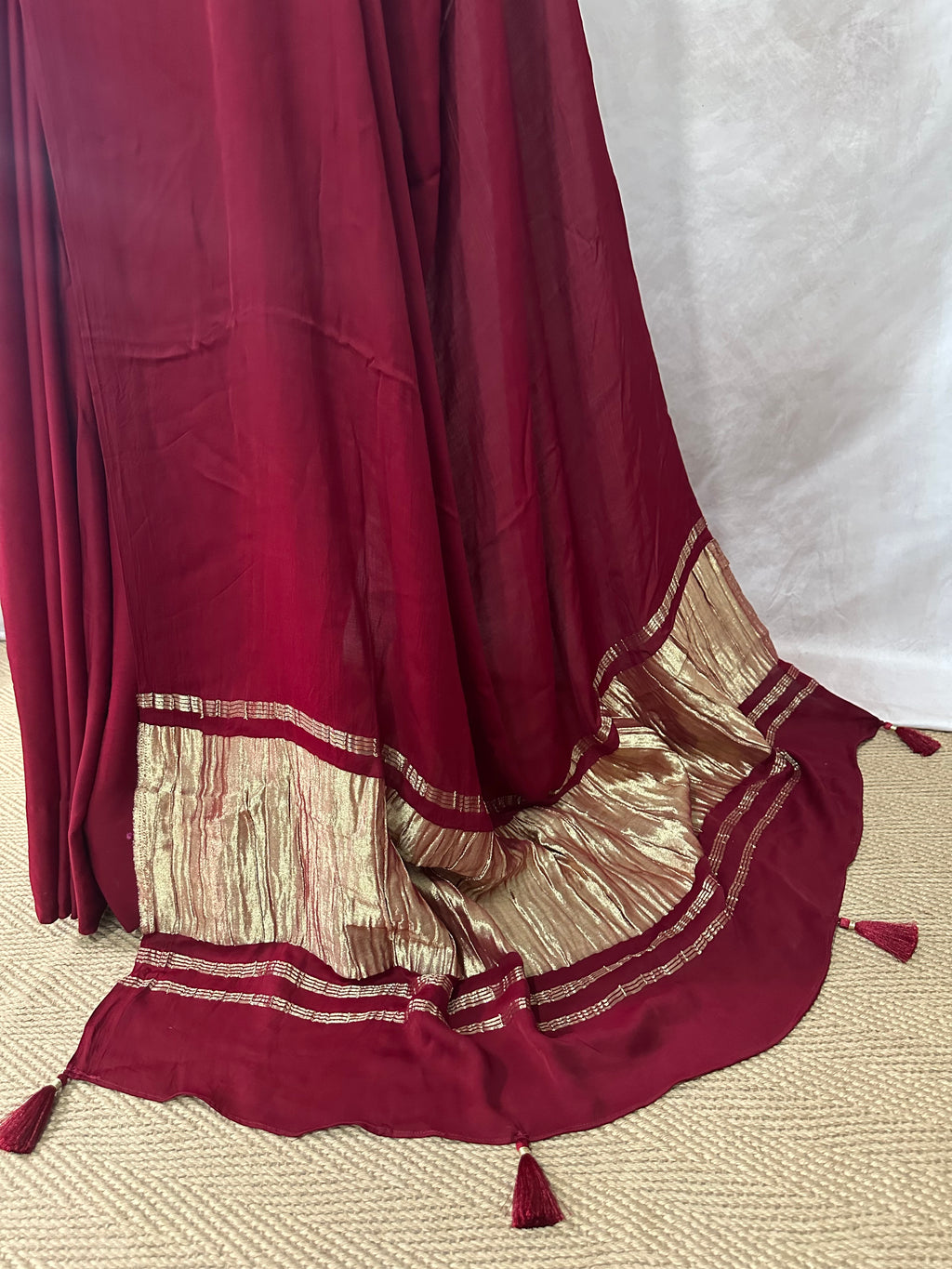 Crepe silk saree with bandini and kutch embroidery blouse