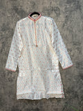 White cotton silk kurti with gold and pink self embosed emroidery
