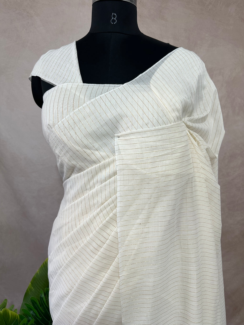 Off white pure cotton handloom saree with gold line
