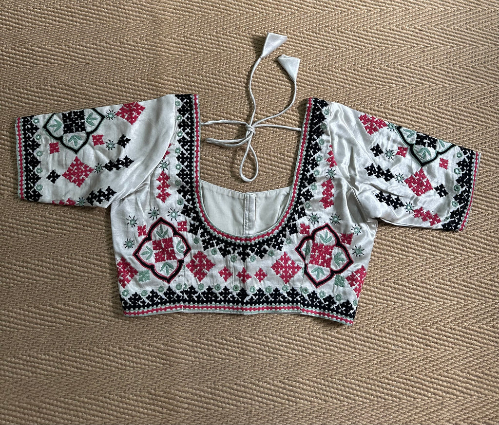 Light grey modal silk blouse with mirror work and hand Kutch Embroidery