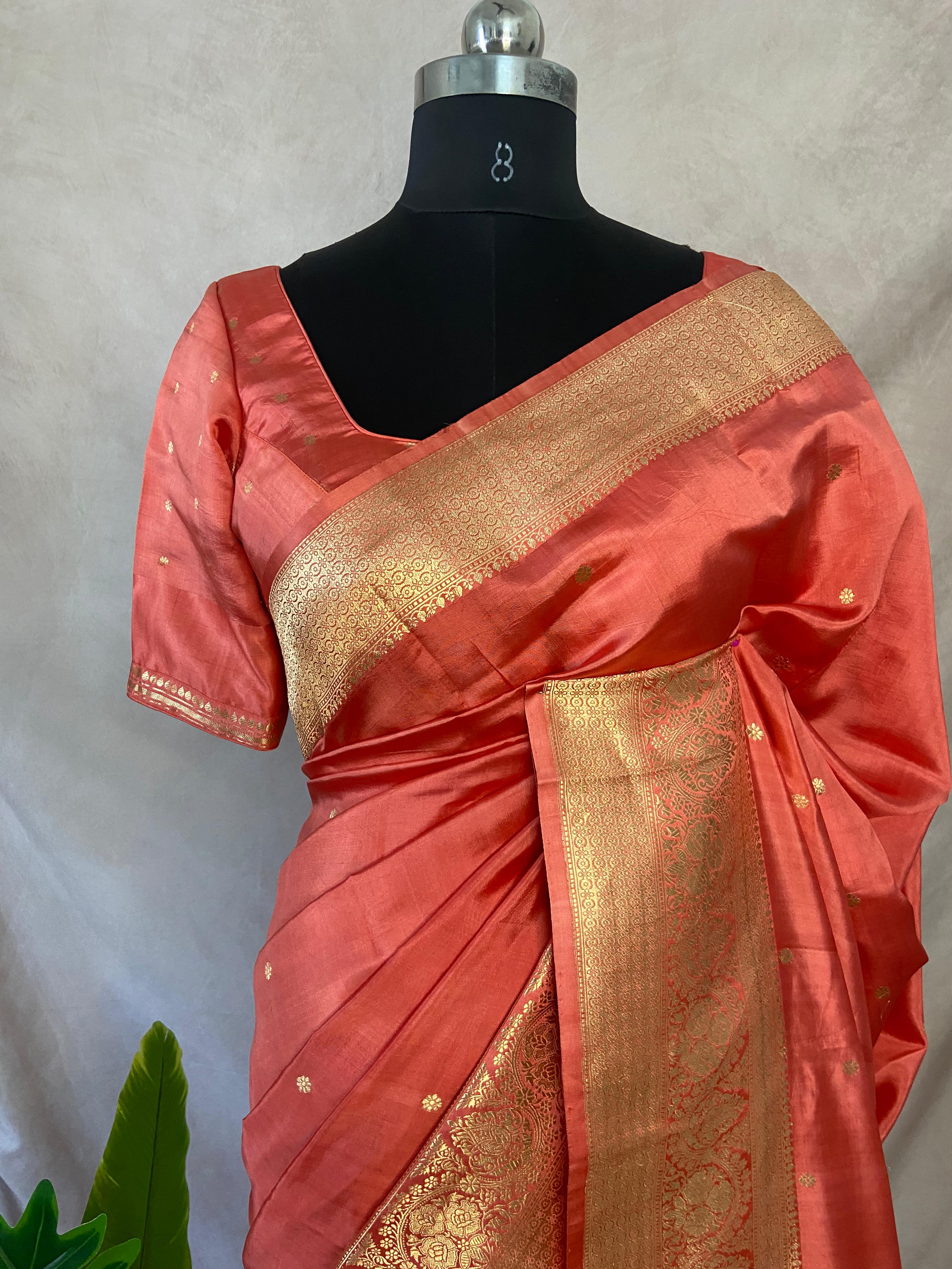 Peach pink pure raw mango silk saree with stitched blouse
